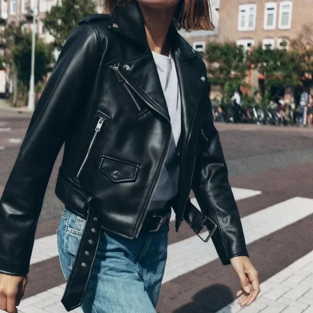 ZARA Faux Leather Cropped Biker Jacket - Picture 2 of 7